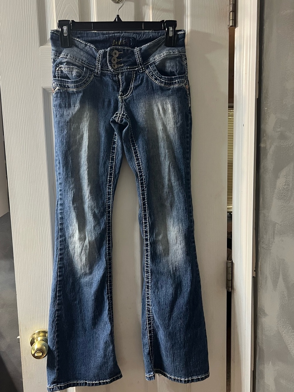 Angels Jeans Women’s 3 Low Rise Bootcut Flare- Y2K Contrast Stitch Denim